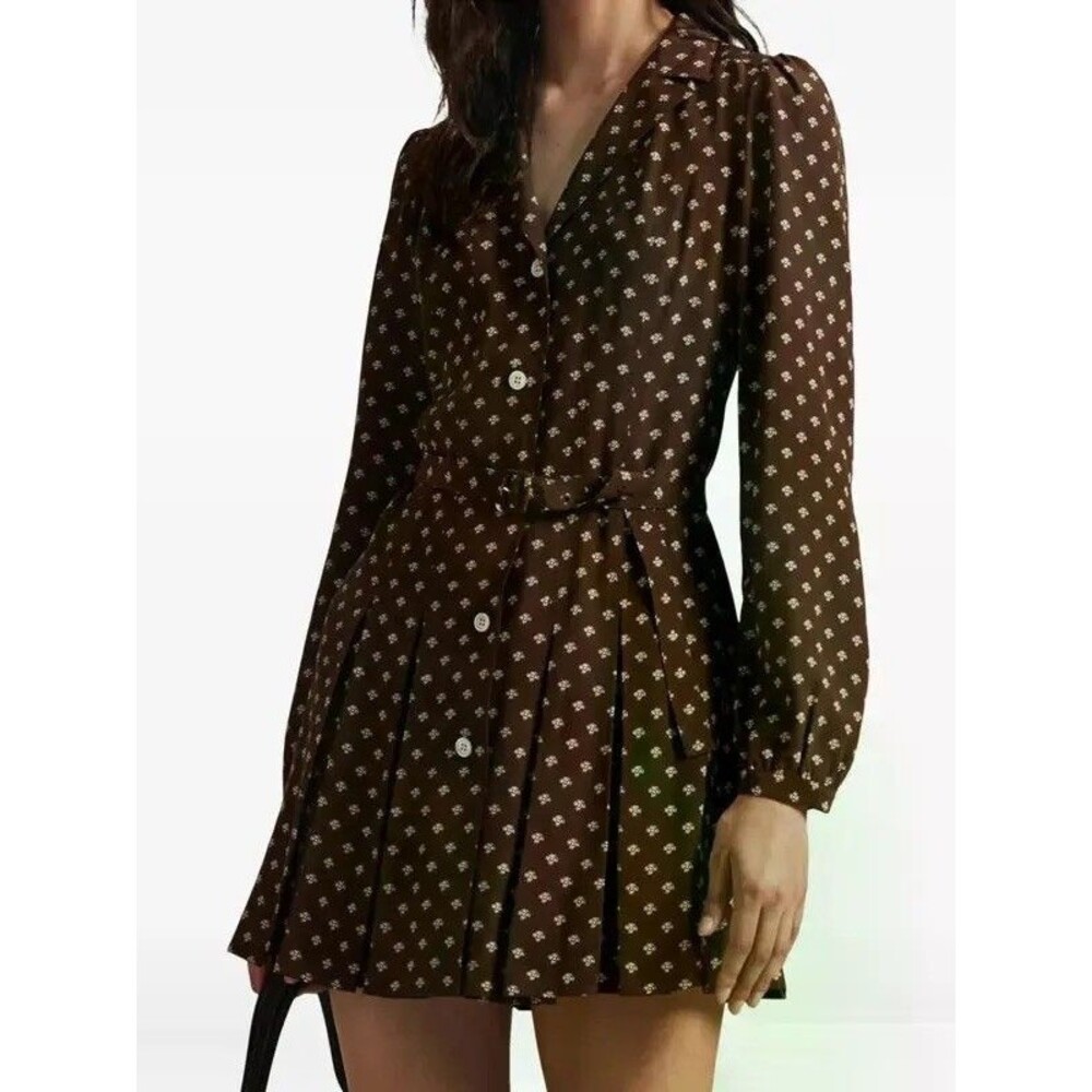 Polo Ralph Lauren Silk Floral Print Button Front Day Mini Dress Brown Belted